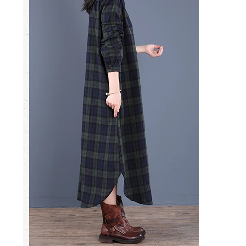 

Women's Dresses Long Sleeve Cotton Vintage Female Clothing Big Sizes Vestidos Loose Print Plaid Ladies Dress 2019 Autumn#9809