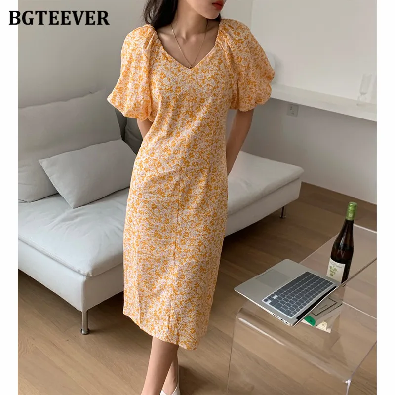 

Платье BGTEEVER женское с V-образным вырезом, элегантное приталенное, с коротким рукавом-фонариком и цветочным принтом, лето 2021