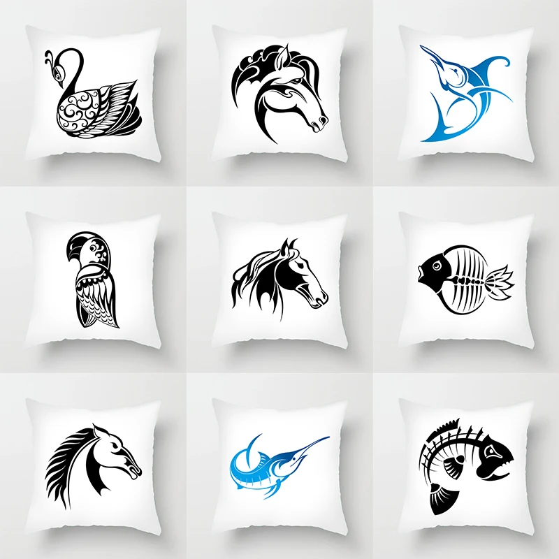

Наволочка из хлопка и льна с лебедем, совой, бабочкой, лошадью, акулой, попугаями, черная декоративная наволочка для подушки, домашний декор ...