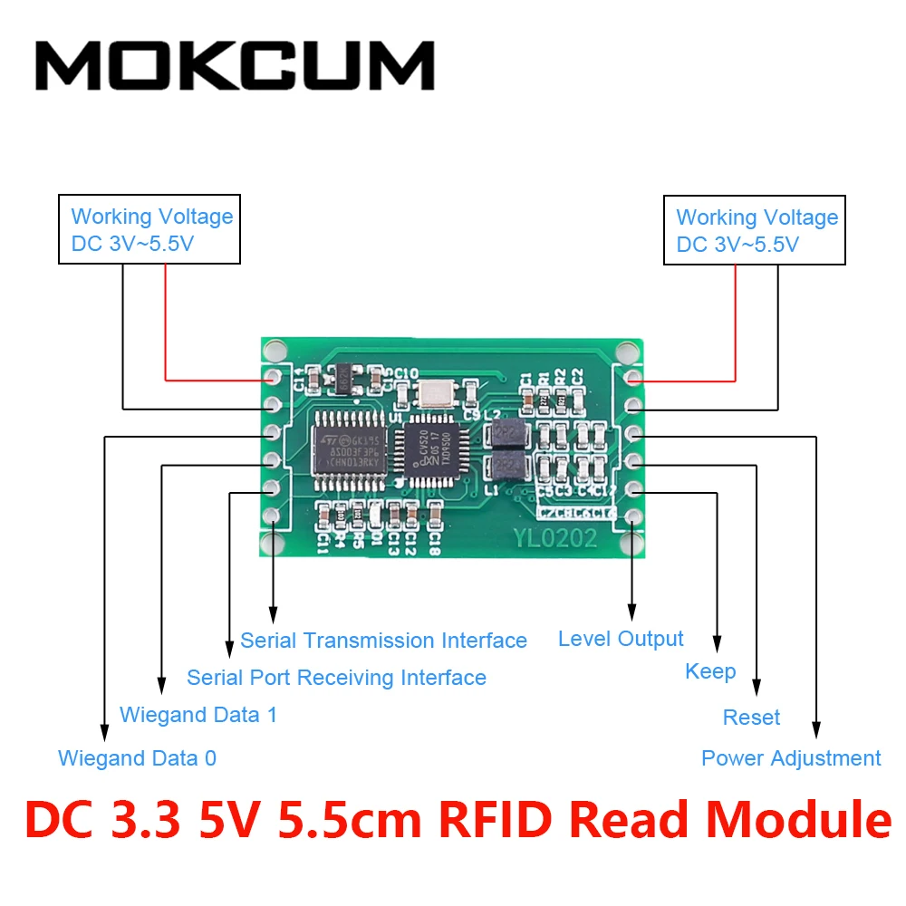 

DC 3.3V 5V 5.5cm RFID Read Module 13.56MHz TTL/Wiegand WG34 Output M1/S50/S70 IC Card Reader Contactless Controller