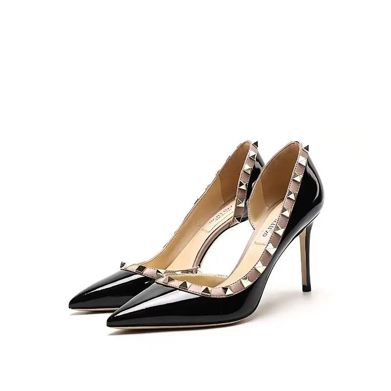 Осень Лакированная кожа женская обувь в сдержанном стиле Туфли лодочки с острым