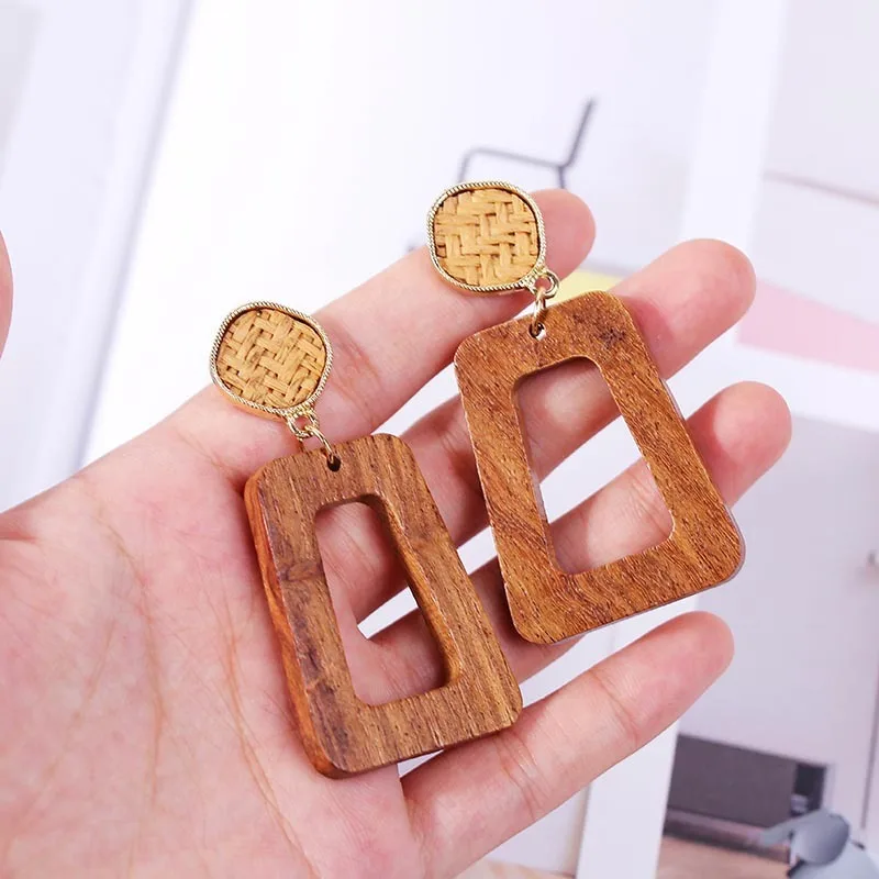 

New Geometric Brown Wood Long Dangle Earrings For Women Fashion Bohemian Brincos Wooden Earrings Statement Jewelry