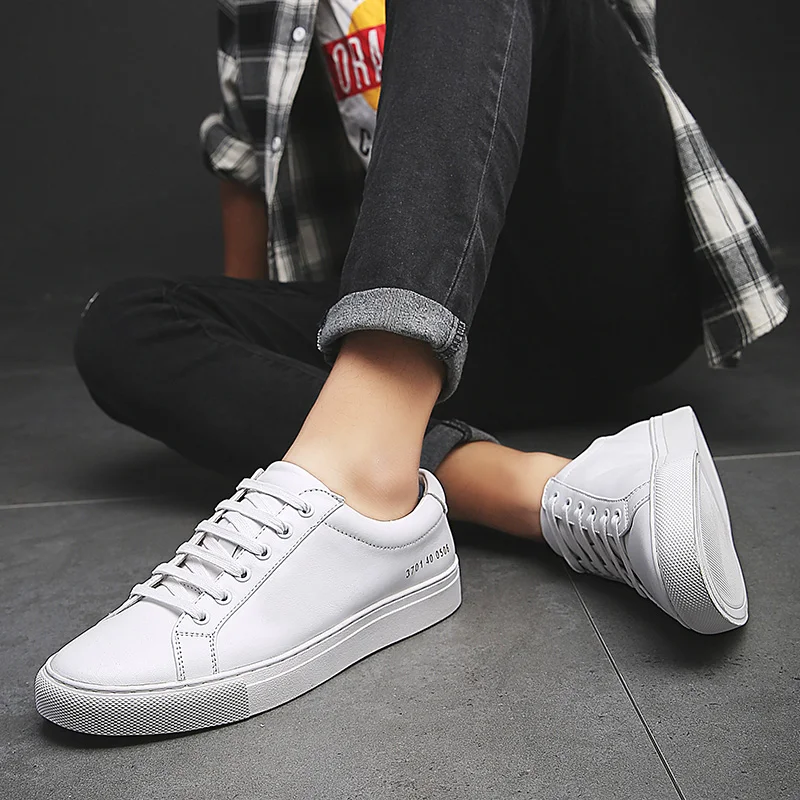 Fashion White Sneakers Men Shoes Genuine Leather Casual Shoes Comfortable Walking Flats