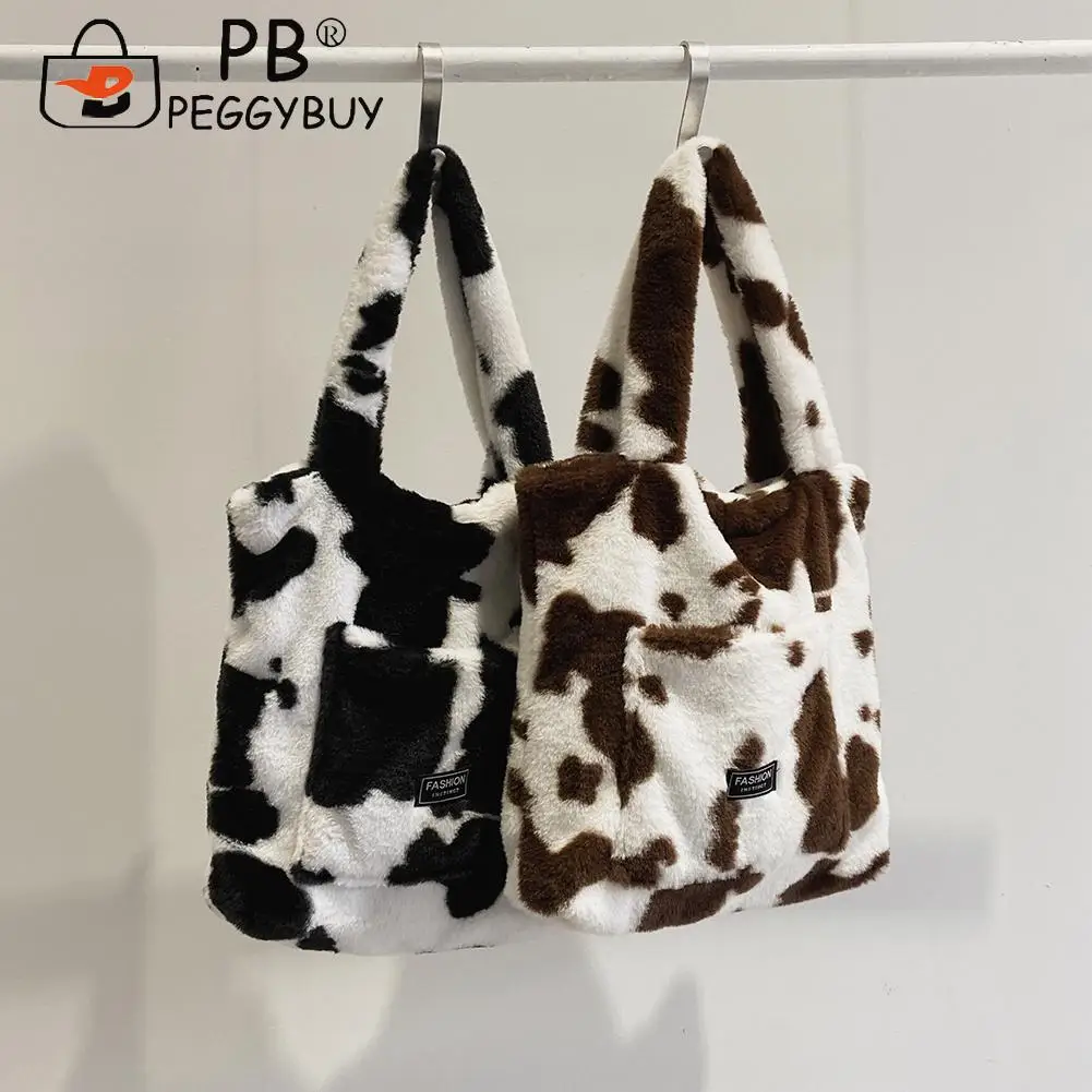 

Women Fashion Soft Plush Fur Cow Pattern Handbag Casual All-match Autumn Winter Zipper Large Capacity Shoulder Underarm Bags
