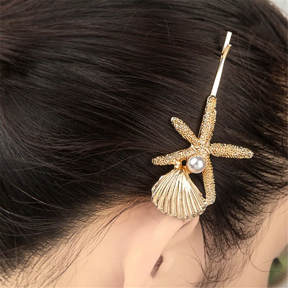 Винтаж Морская звезда оболочки металла и шпильки с жемчугом Золото Серебро