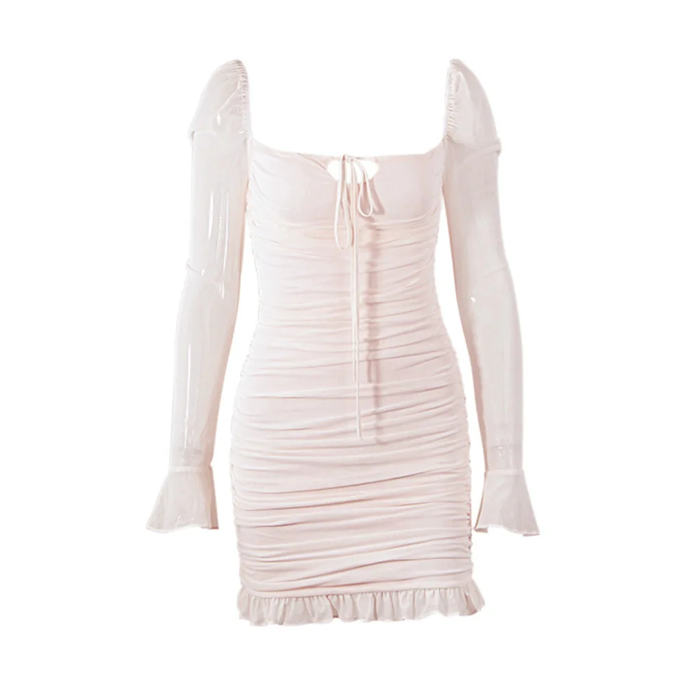 

Donsignet Spring Summer Mesh Fashion Bodycon Dress Ruffles Long Sleeve Solid Color Slim Pleated Lace-up Dress Vestido Feminino