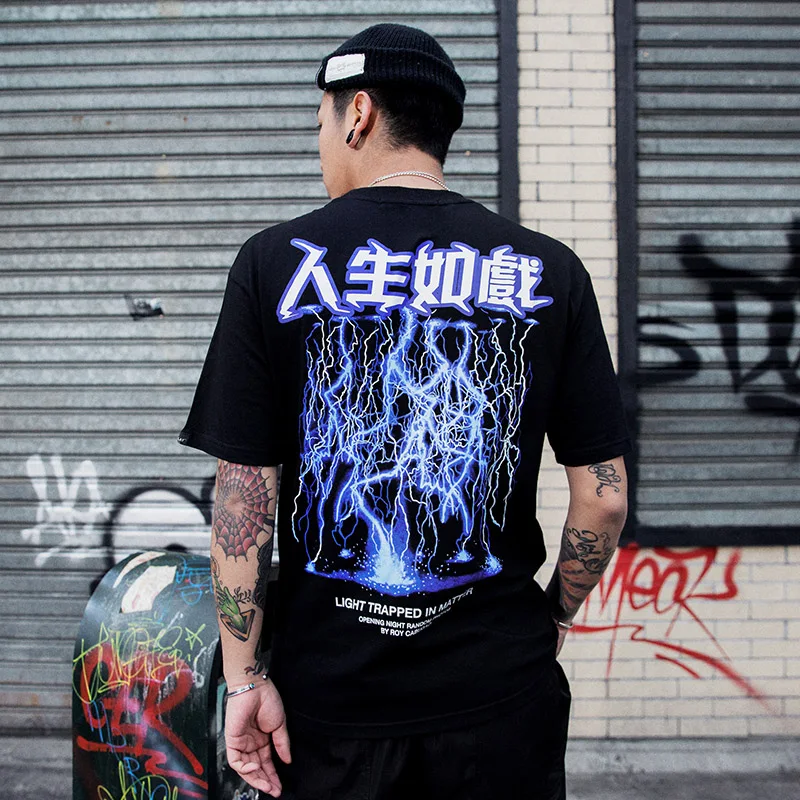 Men Hip Hop T Shirt Lightning Print T-Shirt Streetwear Chinese Letter Tshirt Oversized Harajuku Summer Tops Tees Cotton New