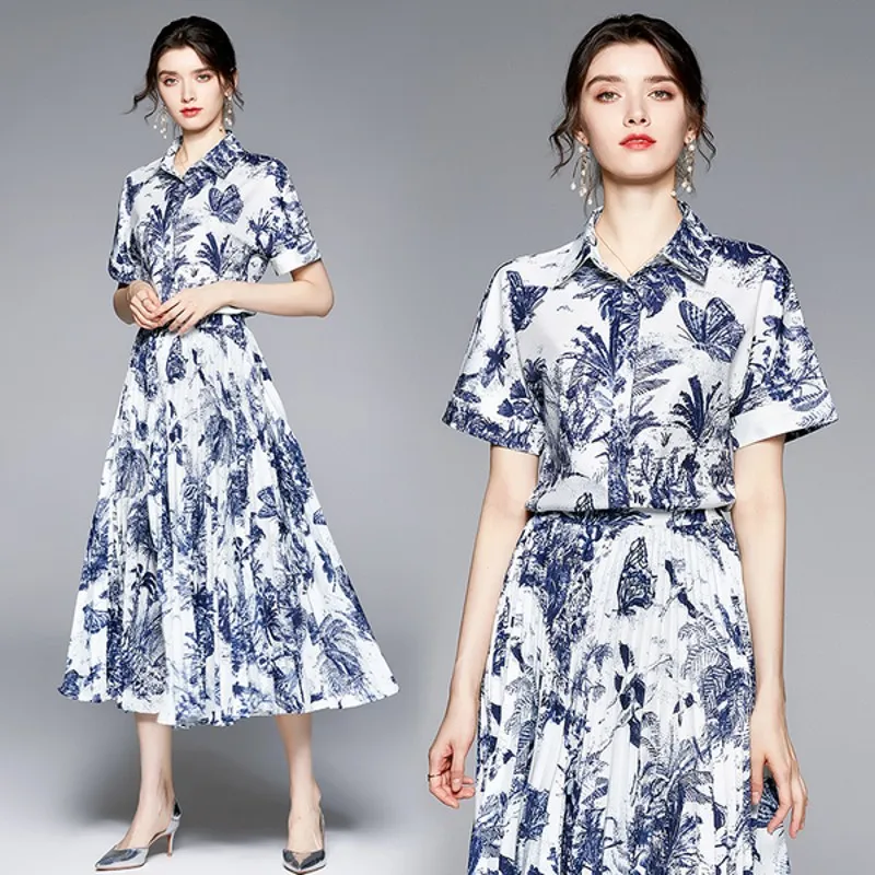 

2021 Summer fashion casual women short sleeve turn down collar Printed short-sleeved blouse tops+ pleated skirts 2 piece sets