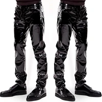 men wet look patent leather full length pants bar nightclub mid waist straight black glossy trousers stage show costumes