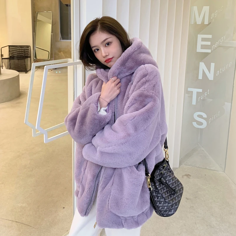 2021 Women Winter New Imitation Rex Rabbit Fur Coats Female Faux Fur h Jackets Ladies Loose Thick Warm Hooded Outwear Y902