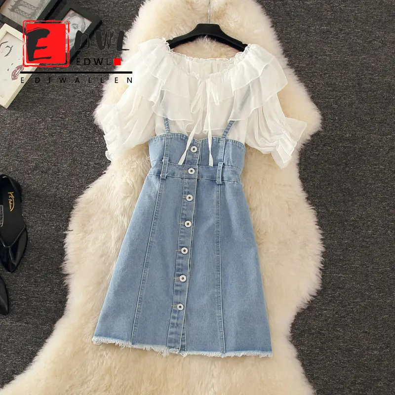 

Fashion Chiffon Blouses + Denim Suspender Skirt Summer 2 Pieces Sets Women Casual Sweet Short Sleeve Tops And A Line Mini Skirts