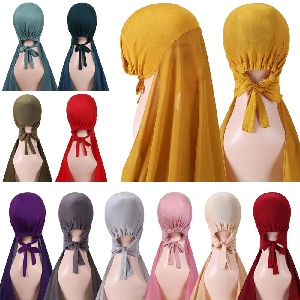 

Muslim Women Hijab One Piece Amira Chiffon Head Scarf Wrap with Bonnet Inner Cap Lace Up Khimar Headscarf Islamic Instant Hijabs