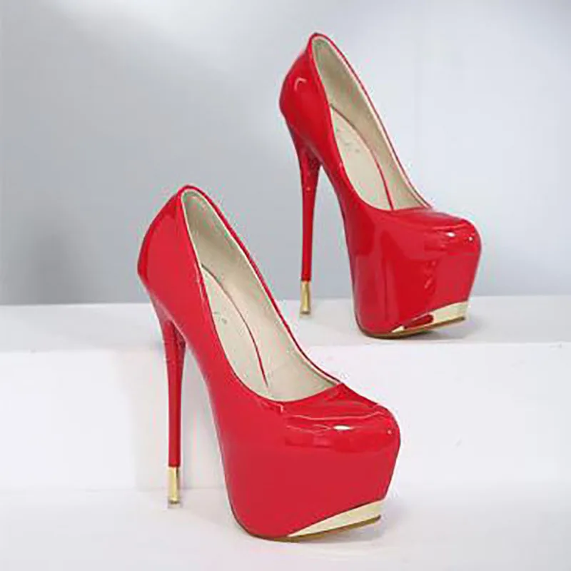 

16cm High Heels Women's Round Toe Night Club Pumps Platfrom Sexy Patent Single Shoes Shallow Mouth Stiletto