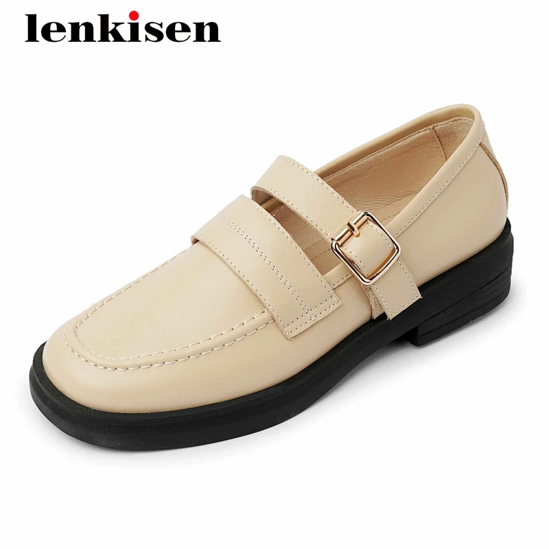 

Lenkisen preppy style full grain leather classic colors round toe thick med heel buckle straps daily wear dress women pumps L95