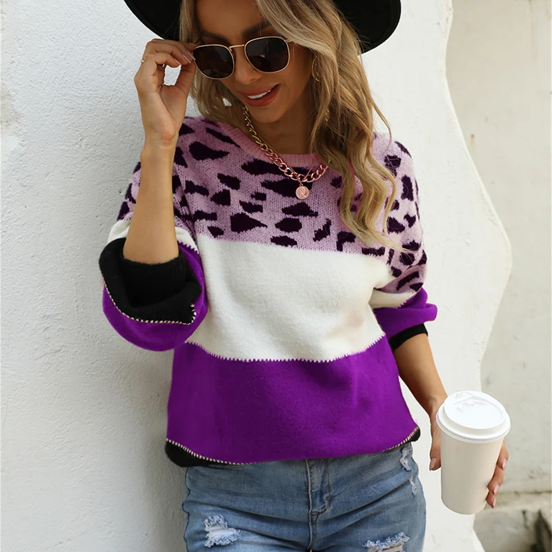 Женский трикотажный свитер с леопардовым принтом длинным рукавом | Женская