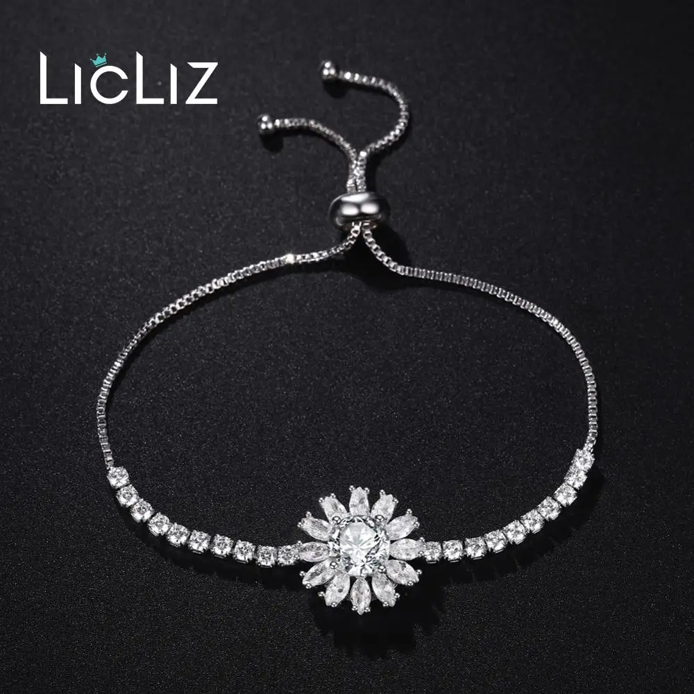 LicLiz,, модные, Роскошные, геометрические, цветочные, очаровательные, регулируемые браслеты для женщин, циркон, белое золото, коробка, цепь, ювелирное изделие, LUB0207