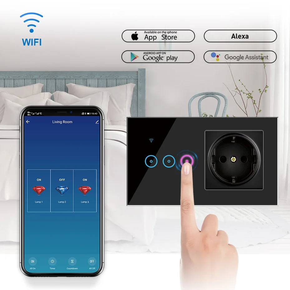 1 2 3 Gang Wifi Smart Touch Switch With EU Electrical Socket Crystal Glass Panel Tuya Wall Light APP Control | Обустройство дома