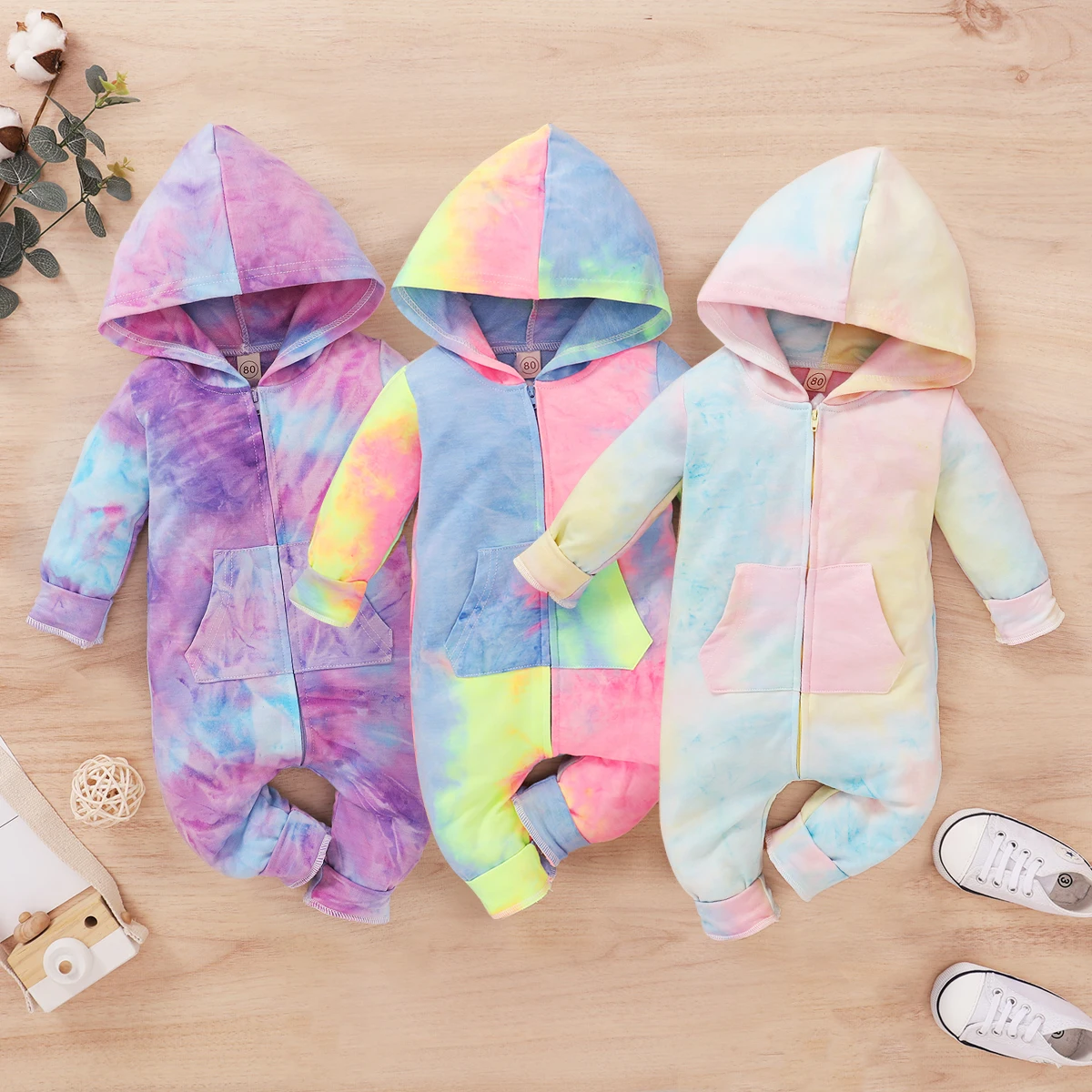 

Newborn Toddler Kids Tie-Dye Printed Rompers Jumpsuit 0-18M Baby Girls Boys Rompers Long Sleeve Zipper Hooded Autumn Jumpsuits