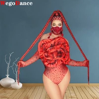 sparkly rhinestones big red rose bodysuit gloves set women sexy dance costume stage performance wear birthday party outift
