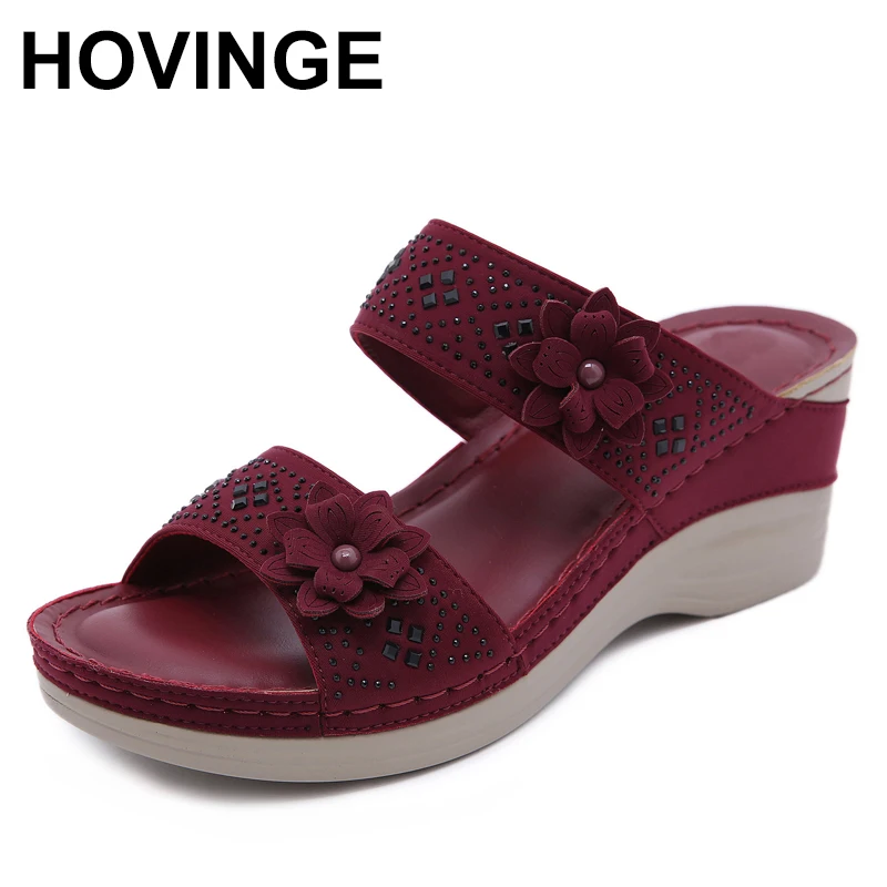 

HOVINGE On a wedge big size woman shoes home slippers women flower sequins slides Med soft 2020 Massage jelly PU base fabric