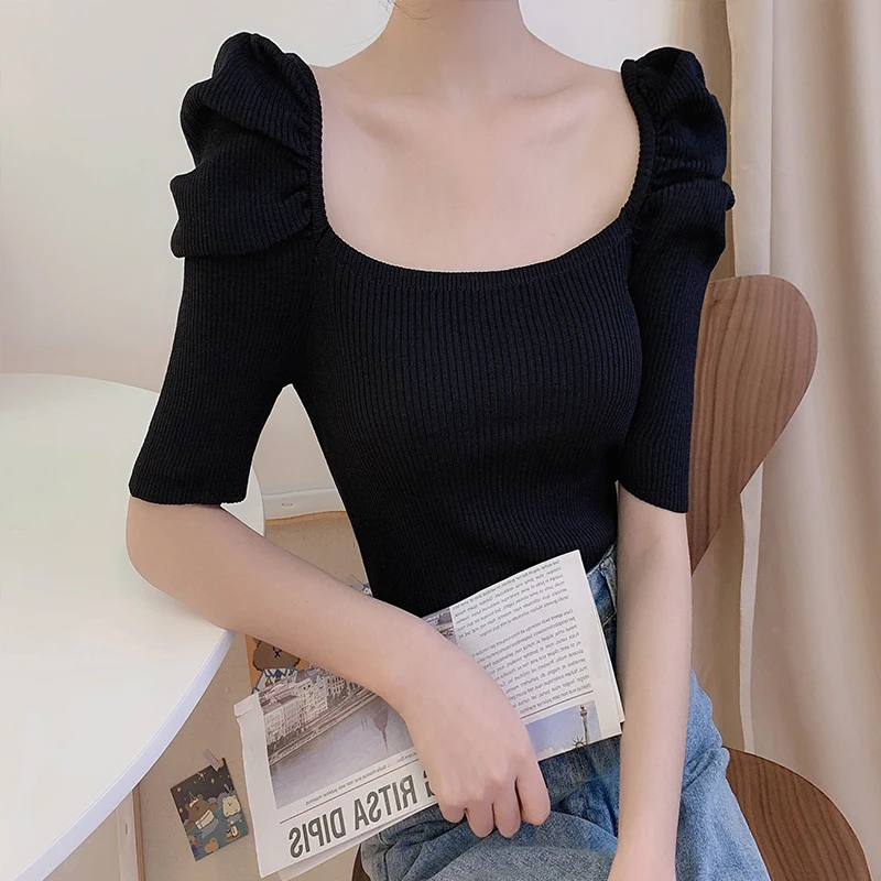 

Large Size French Style Square Collar Puff Sleeve Clavicle Top 2021 Summer New Style Fat Girl Ice Silk Knitted Short Sleeve
