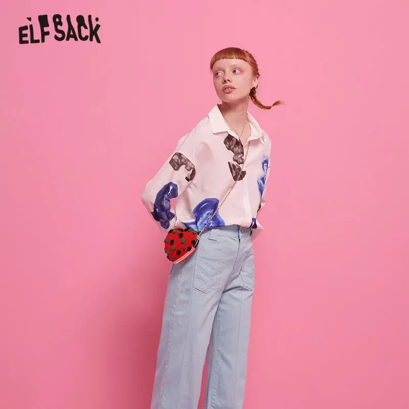 ELFSACK шифоновая блуза на пуговицах с принтом героями мультфильмов женская рубашка