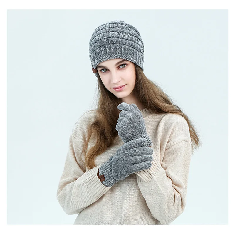 Вельветовая шапка бини для женщин шерстяная зимняя и набор перчаток девочки