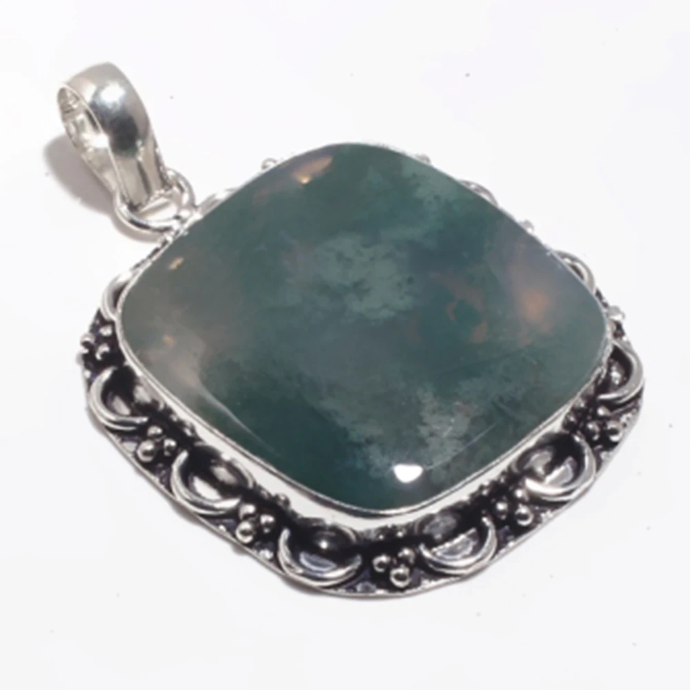 

Genuine Moss Agate Pendant Silver Overlay over Copper , Women Jewelry gift