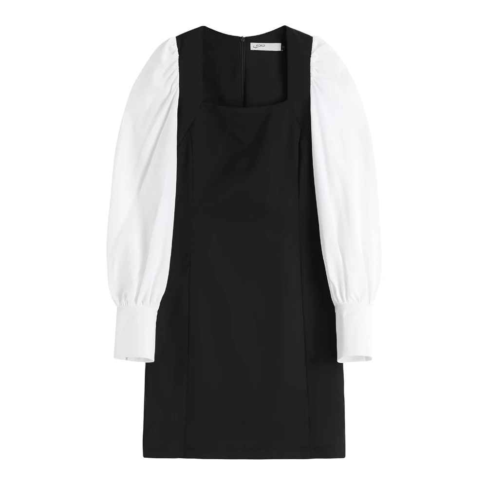 

COIGARSAM French Style Women dress New Spring Puff Sleeve Dresses Black 6538