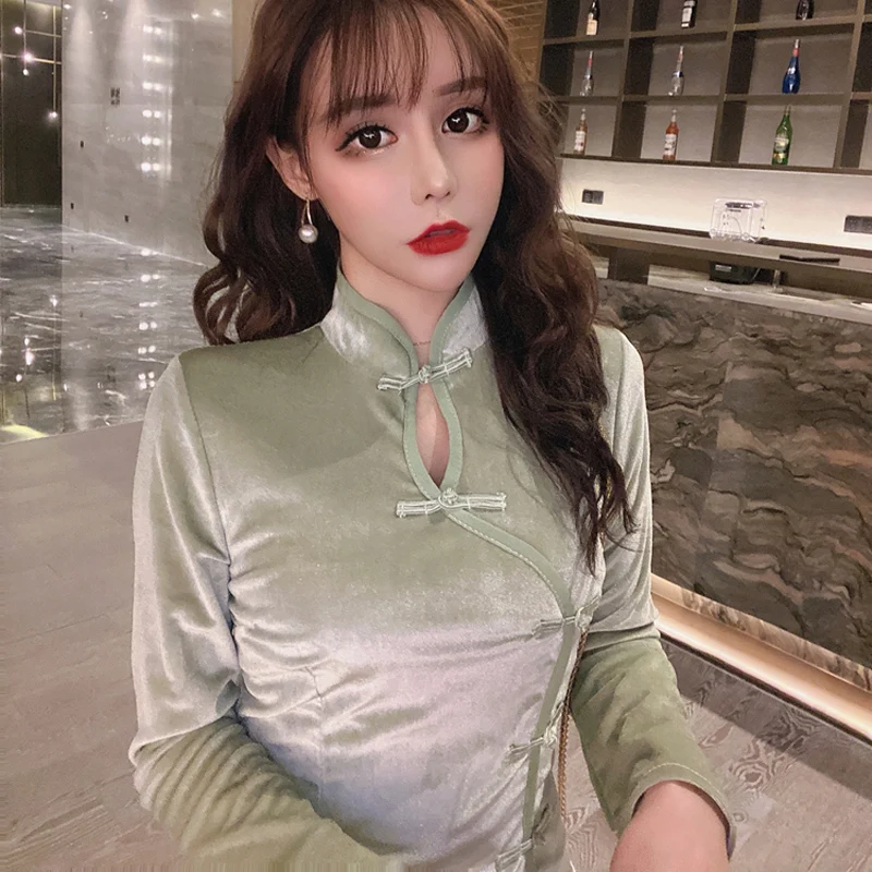 Женское вельветовое платье в китайском стиле Sungtin традиционное длинное Ципао с