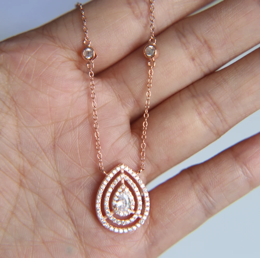 

High quality jewelry 100% 925 sterling silver pear pendant wedding engagment CZ drop charm popular women necklace