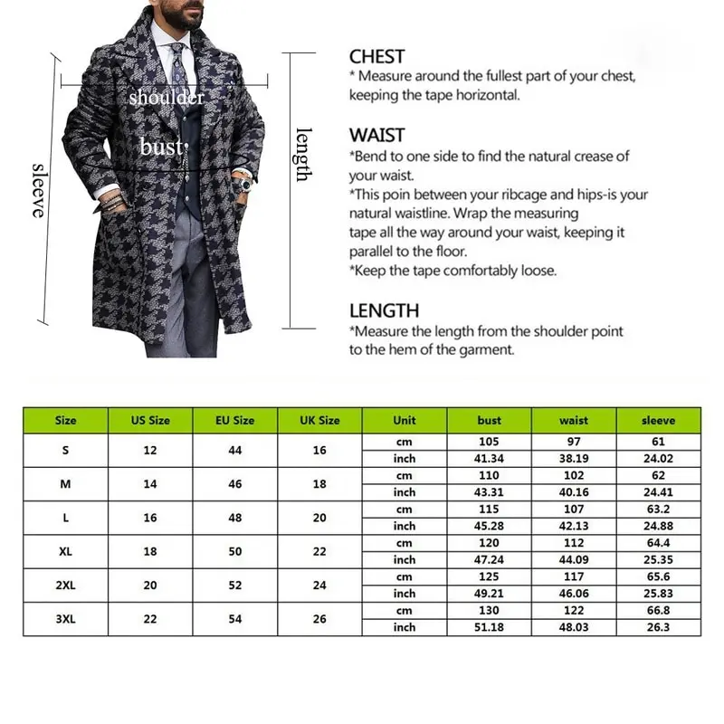 

Men Long Woollen Wind Coat Casual Double Breasted Mens Wool Overcoat Winter 2021 Houndstooth Jacket Men Trench Coat