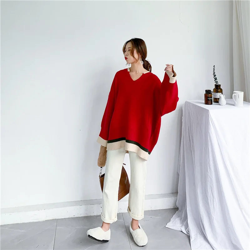 

LANMREM Stripe V-neck Pullover Knit Sweater Women Korean Version Loose Leisure Wild Sweater Student Tops 2021 autumn New PC448