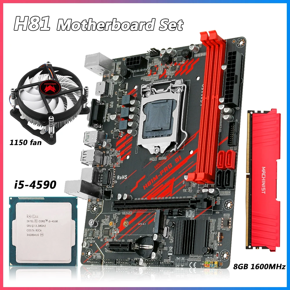 

Machinist H81 Motherboard Set Kit With Intel Core I5 4590 Processor 8GB 1600MHz DDR3 Memory and cpu Cooler LGA 1150 H81-PRO S1