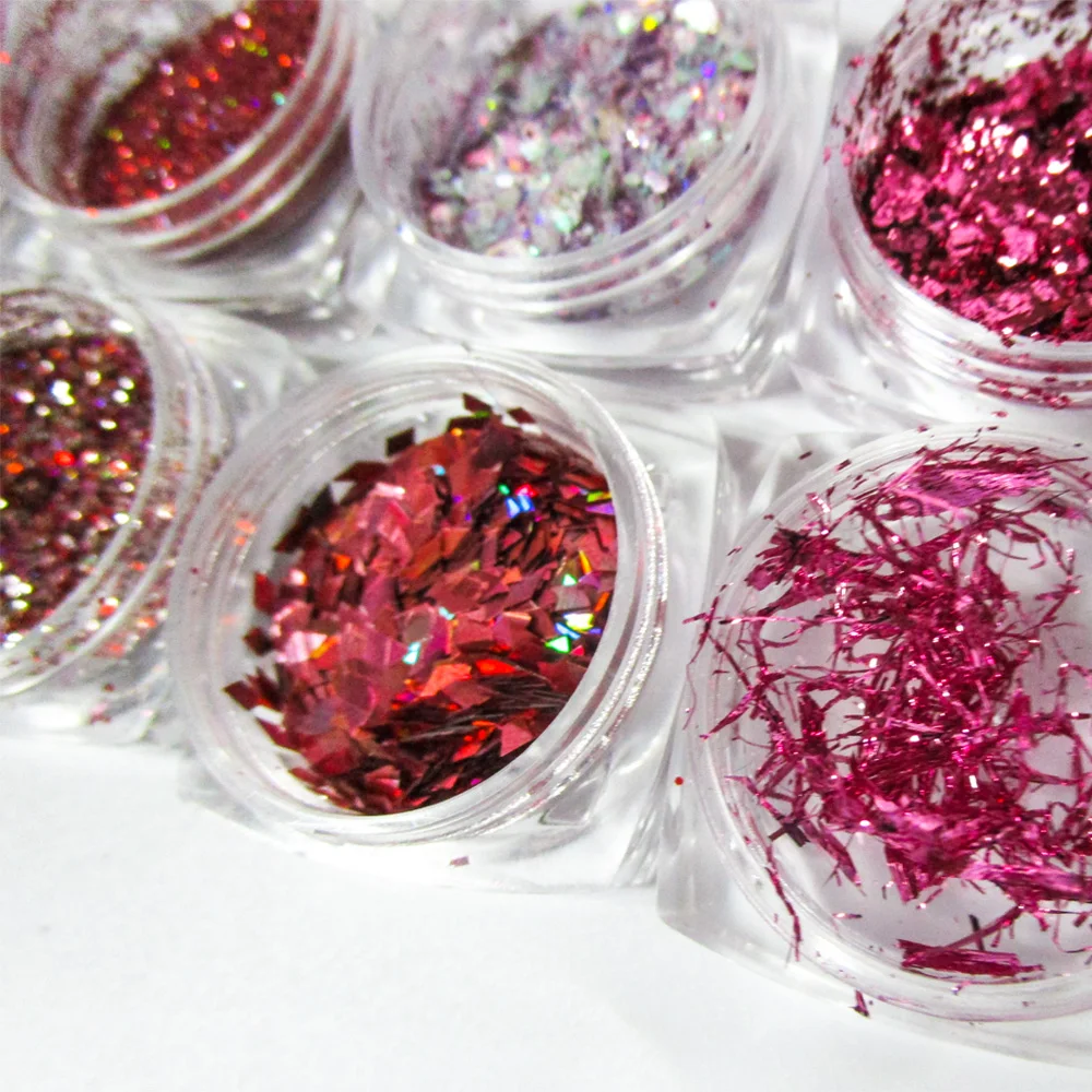 8 баночек Голографическая фольга для ногтей блестки и порошок розовое золото