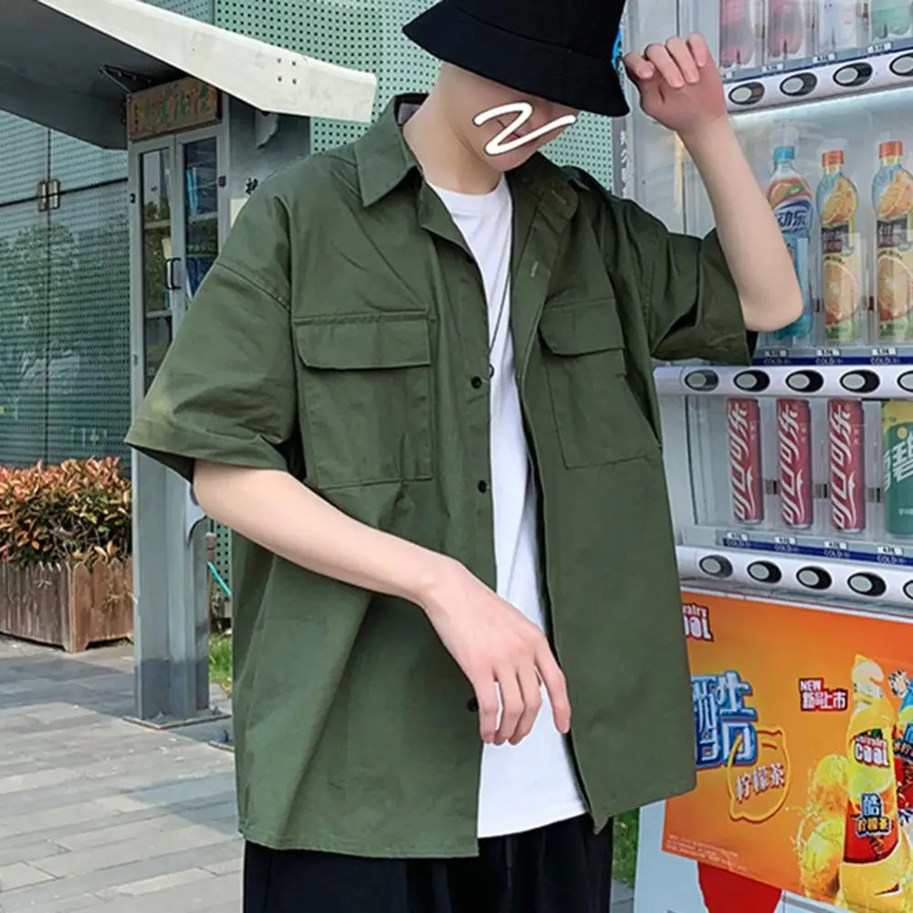 

Blouse Men Pocket Casual Top Shirt Short Half Sleeves Tooling Street Plain Loose