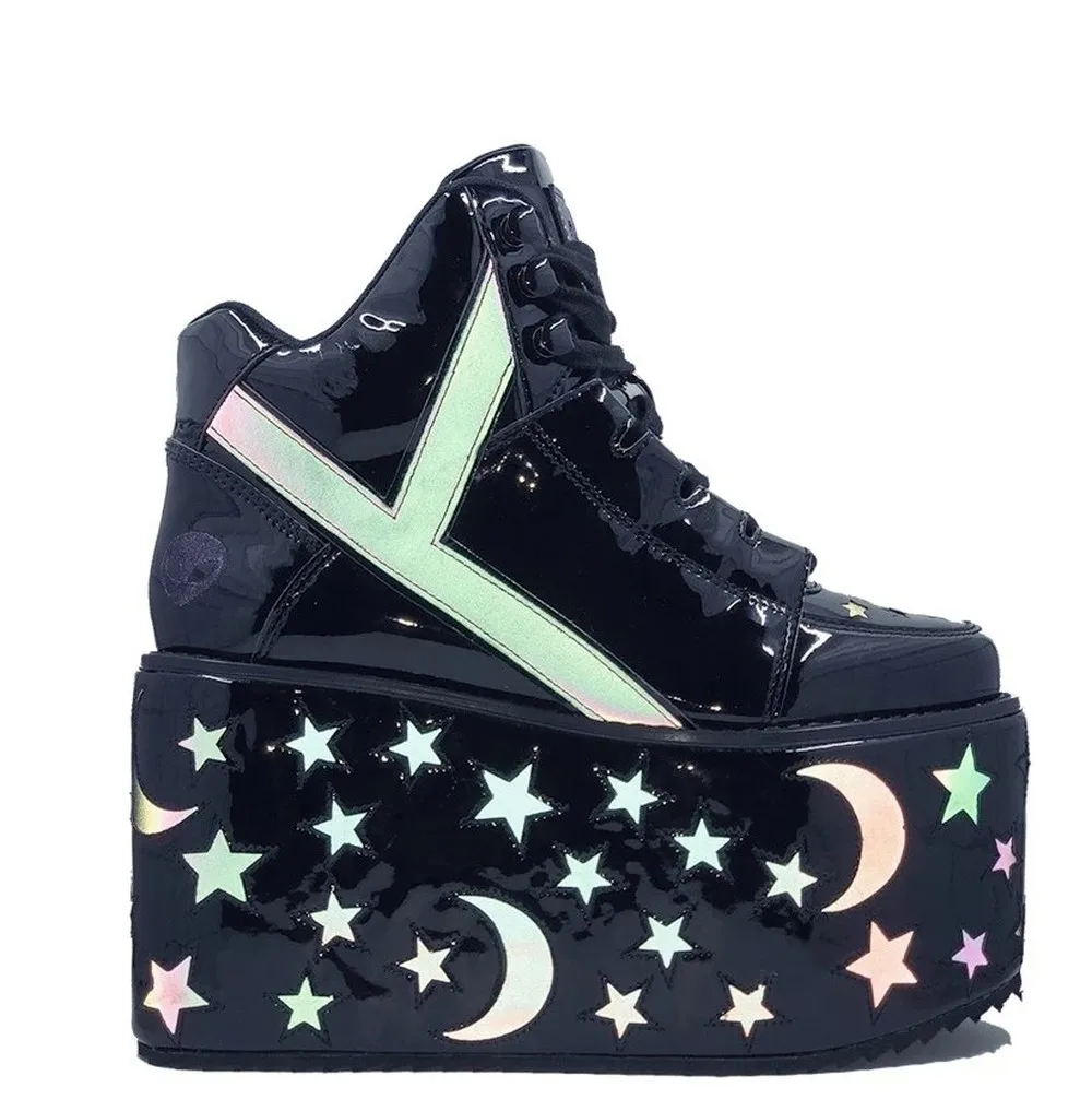 

OLOMLB Womens Platform Shiny Star Moon Decor Lace Up Wedge High Heel Muffin Thick-soled DIY Leather Shoes Black New 2020