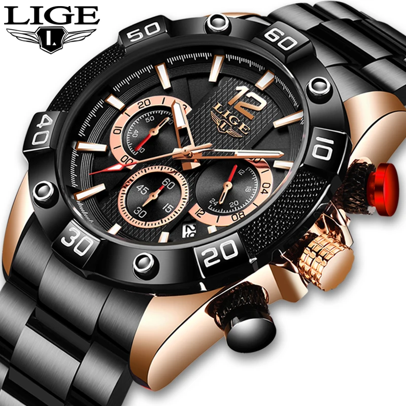 Часы наручные LIGE Мужские кварцевые со светящимися стрелками водонепроницаемые