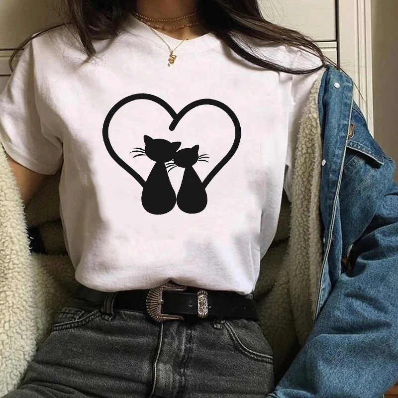

Women Printing Print Graphic Cartoon Cat Pet Flower Fashion Cartoon Clothes Lady Tees Tops Female T Shirt Womens T-Shirt