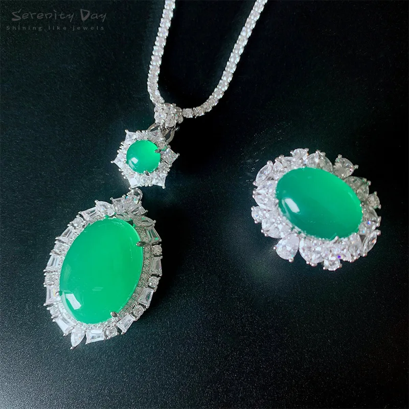 

Serenity Day Vintage Solid S925 Sterling Silver 57.5*27MM Oval Emerald Simulated Moissanite Gemstone Ring Necklace Jewelry Sets