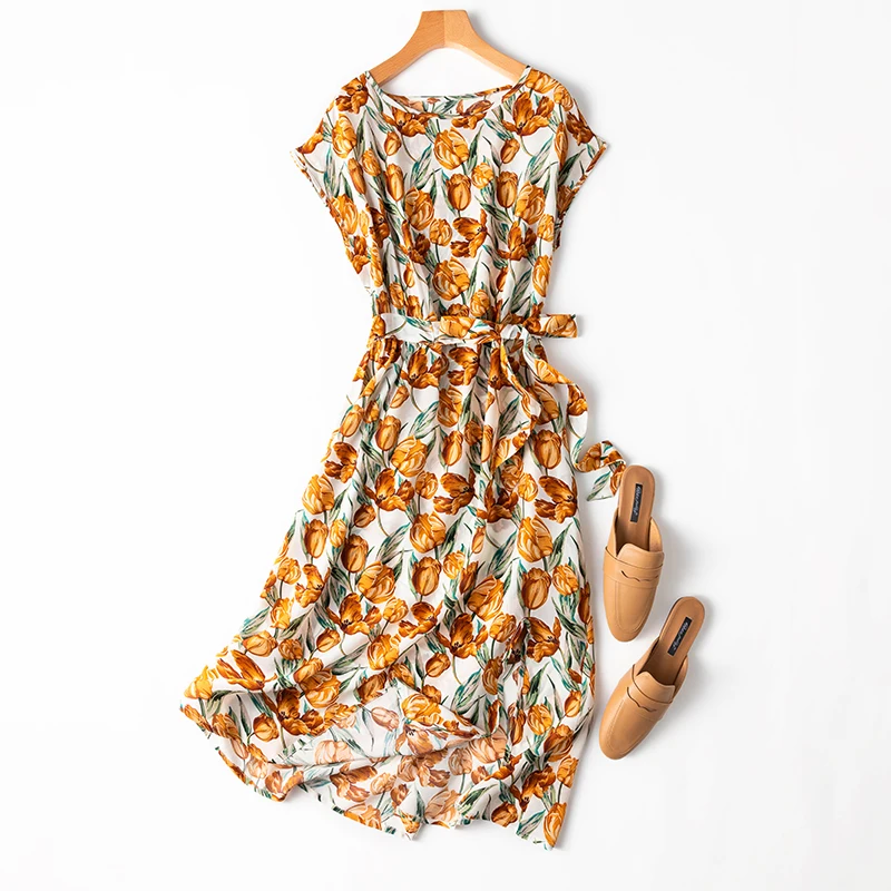 

SHUCHAN Prairie Chic Print Dresses Women A-LINE Sashes Mid-Calf Raglan Sleeve O-Neck Floral SHORT Sleeve Summer