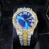 hip hop missfox popular mens iced out watches luxury designer fashion blue face quartz gold wrist watches stainless steel watch