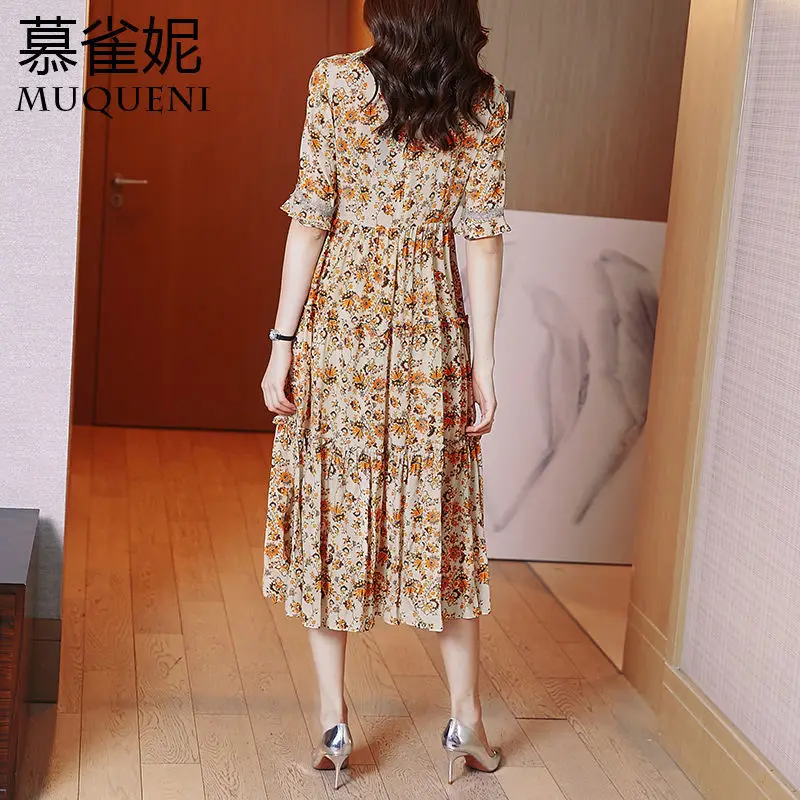 

100% Silk Floral Mid Long Dress 2021 Women's New European And American Quality Light Mature Style Printed Silk Dress