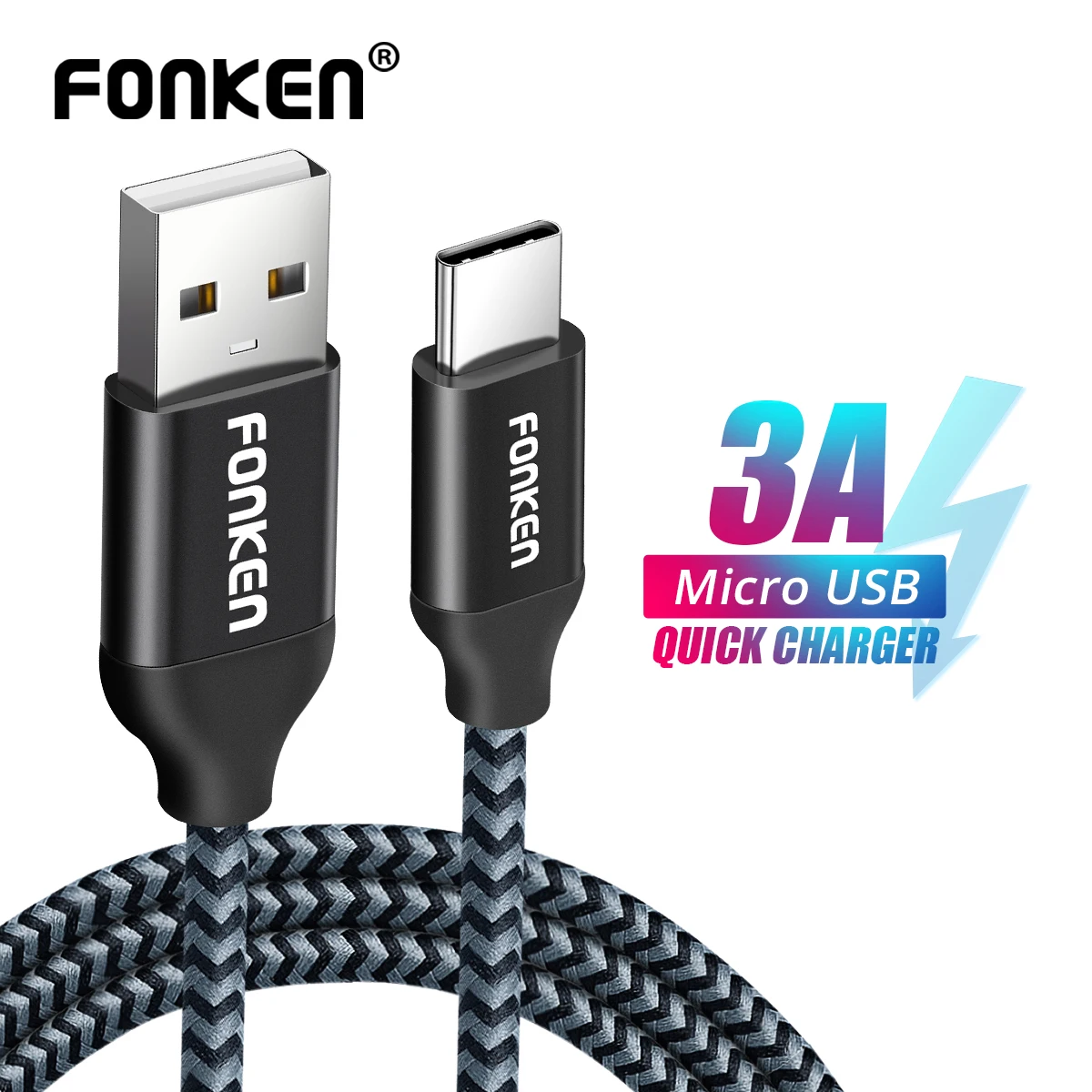 Кабель FONKEN с нейлоновой оплеткой type-C к USB кабель быстрого зарядного устройства 2128AWG 2.4A Быстрая зарядка данных Реверсивный USB C кабель для телефона
