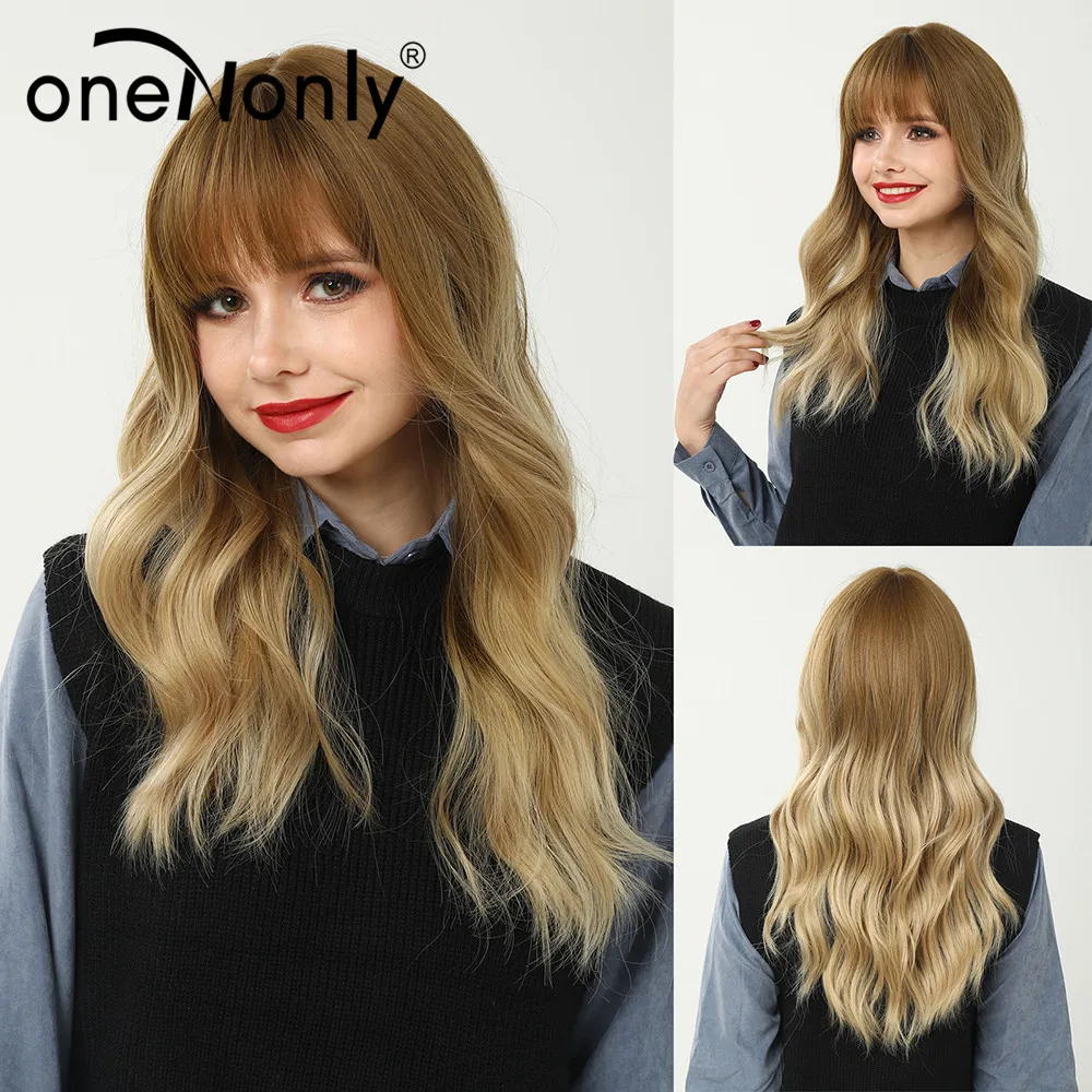

oneNonly Long Ombre Blonde Brown Natural Wave Synthetic Wigs with Bangs for Black Women Cosplay Natural Hair Heat Resistant