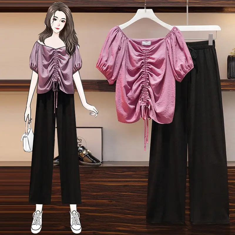 

Summer Fashion Casual 2 Piece Sets Women V Neck Drawstring Short Sleeve Tops + High Waist Wide Leg Pant Suit Plus Size Set X8