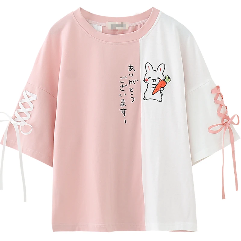 Camiseta Kawaii de conejo de estilo universitario para mujer, Tops verdes de conejo bonito, camisetas de manga corta con lazo de Lolita, camisetas con cordones 2021