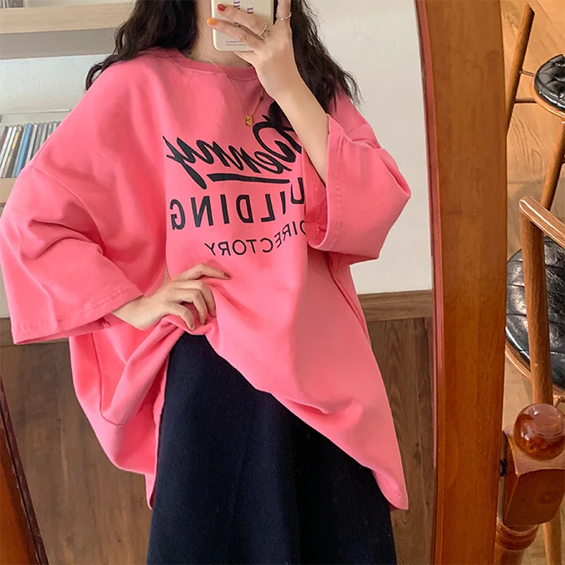 Gagarich Women Spring T-shirts New O Neck Three Quarter Sleeve Midi Long Femme Tops Korean Fashion Letter Print Loose T Shirt | Женская