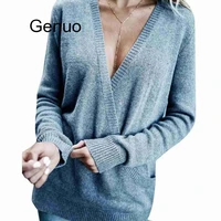 women jersey sweater long sleeve casual pullovers sexy cross v neck winter autumn tops threaded patchwork