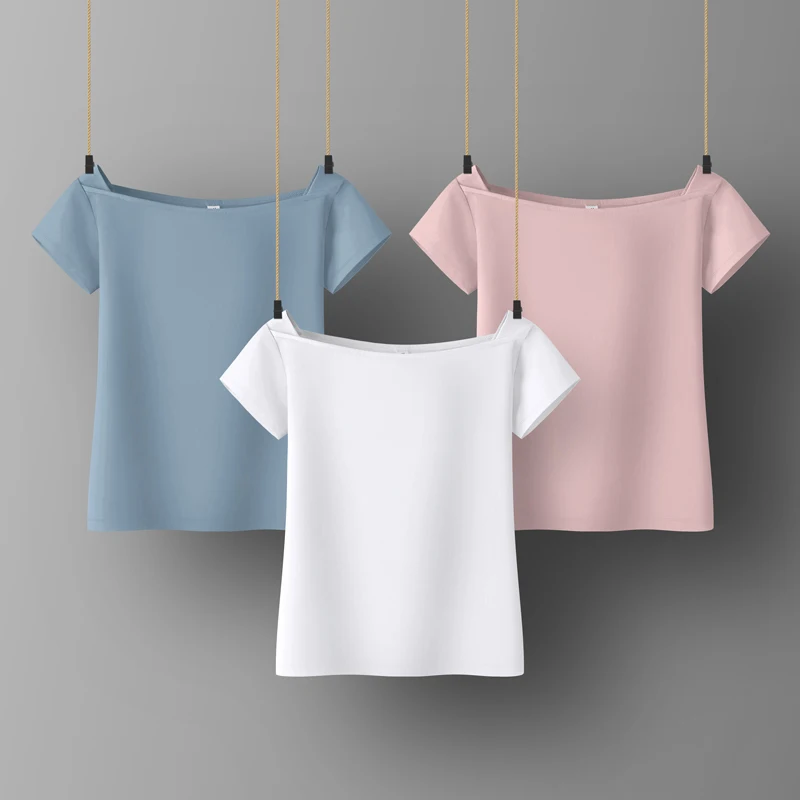 

Women Soft Cotton T-shirt Slash Collar Solid color Lady Tees Short Sleeve Summer Women's clothing All match Female T-shirts